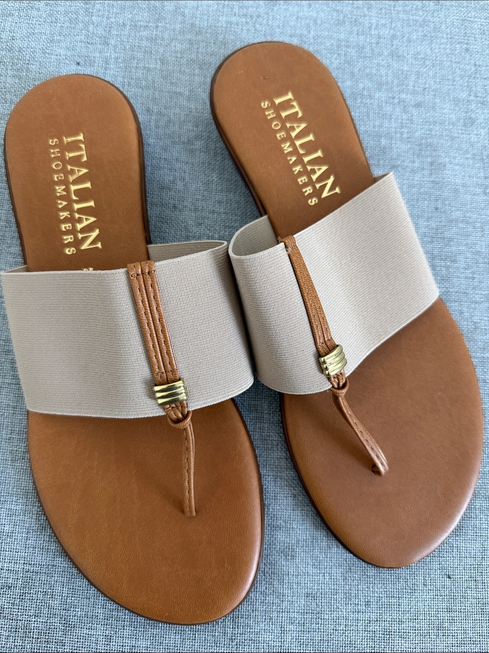 Italian Shoemakers Brown & Beige Slide Sandals with Gold Accents